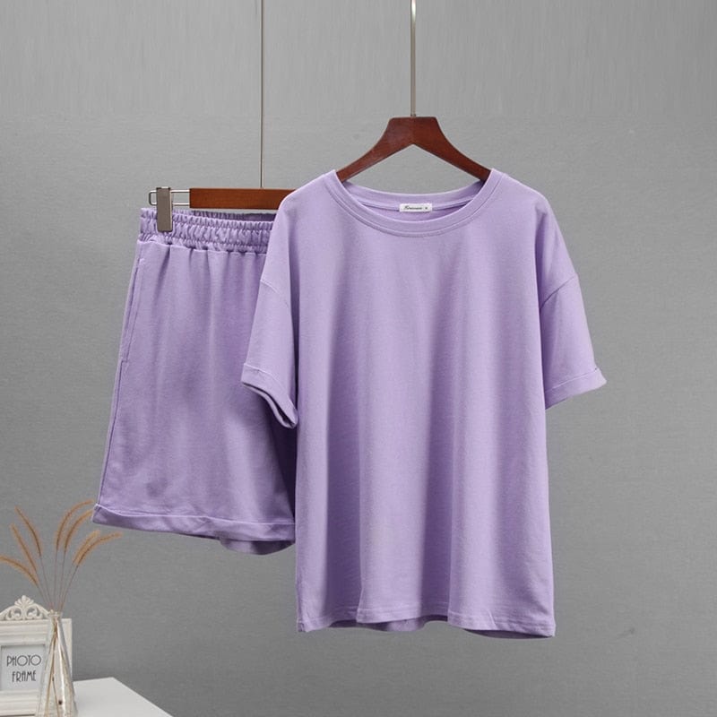 Hirsionsan Summer Cotton Sets Women Casual Two Pieces Short Sleeve T Shirts and High Waist Short Pants Solid Outfits Tracksuit