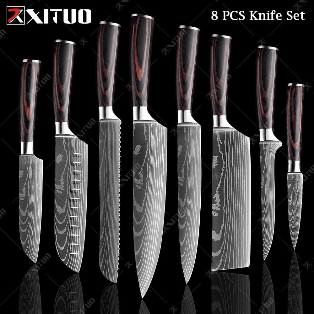 XITUO Chef knife 1-10 Pcs Set Kitchen Knives Laser Damascus Pattern Sharp Japanese Santoku Knife Cleaver Slicing Utility Knife - Wowza