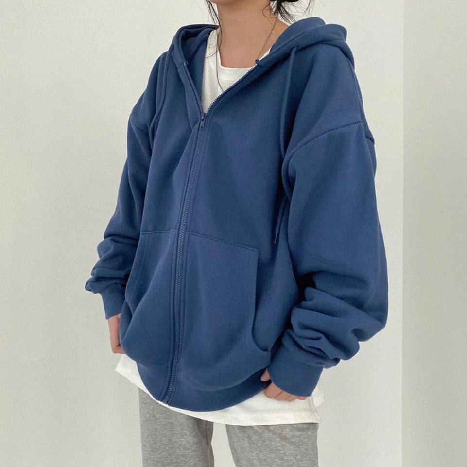 Women Hoodies Solid Color Zip Up Pocket Oversized Harajuku Korean Sweatshirts Female Long Sleeve Hooded Streetwear Casual Top