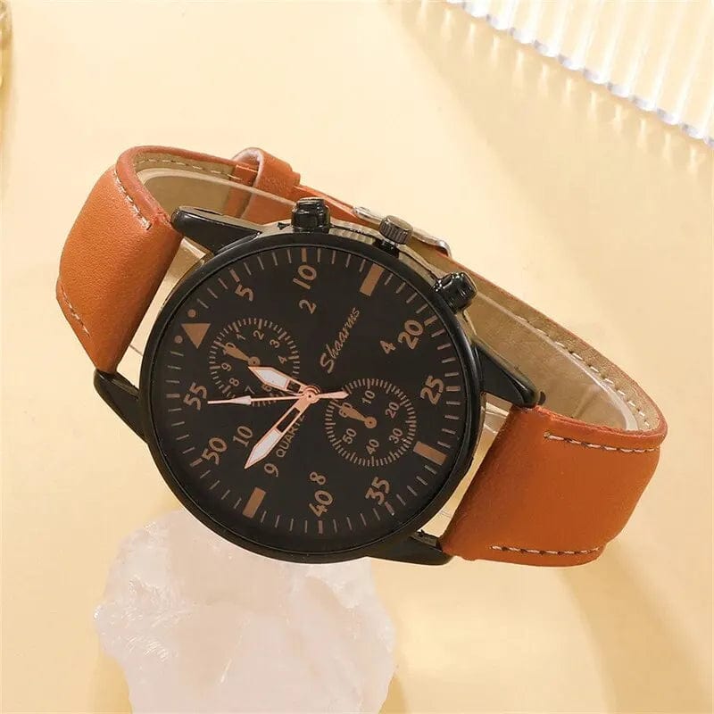 Watch Luxury Bracelet Set Fashion Business Brown Leather Quartz Wrist Watches for Men Gift Set Relogio Masculino