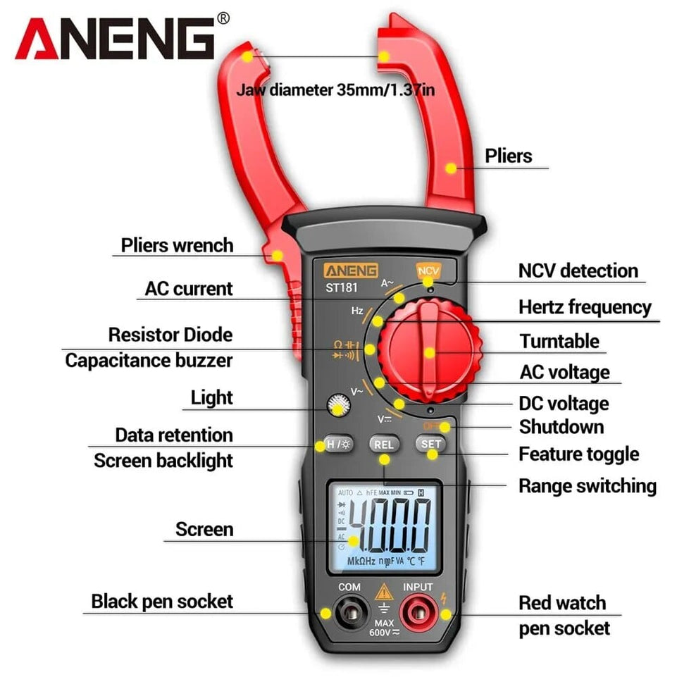 ANENG ST181 Clamp Meter Digital Multimeter DC/AC Current 4000 Counts Ammeter Voltage Tester Car Amp Hz Capacitance NCV Ohm Test