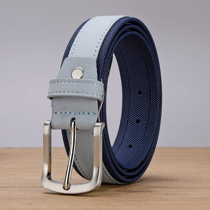 Men Suede Leather Belt With Oxford Fabric Strap Genuine Leather Luxury Pin Buckle Blue Belts For Men 3.5 cm and 4.0 cm Width