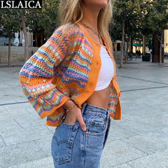 Cardigan Top Women Long Sleeve Single Button Decorated Slim Rainbow Striped Patchwork Women's Sweater Spring Autumn Fashion 2022