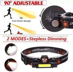 Portable Mini Powerful LED Headlamp XPE+COB USB Rechargeable Hunting Headlight Waterproof Head Torch with Tail Magnetic