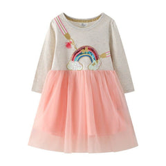 Long Sleeve Rainbow Girls Dress Clothing Party Tutu Baby Cotton Princess Cute Birthday Gift Halloween Kid Dress