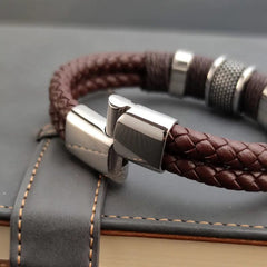 Vintage Multilayer Brown Genuine Leather Men Bracelet Stone Bead Bracelet Stainless Steel Jewelry Male Wrist Bangle Gift