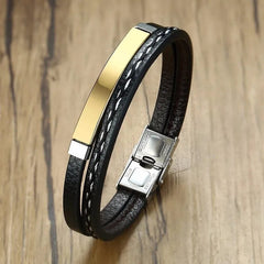 Trendy Men Leatherwear Weave Bracelet Leisure Colour Contrast Stainless Steel Bangle