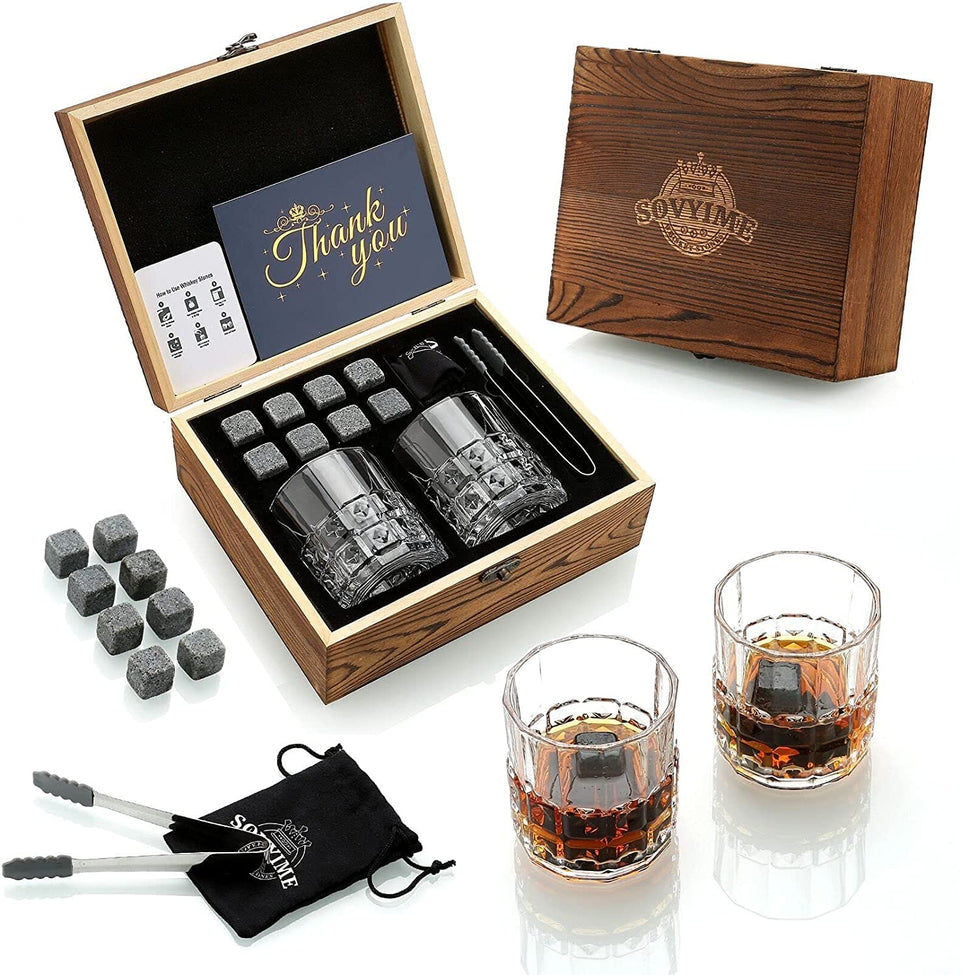 Whiskey Stones & Glasses Set, Granite Ice Cube For Whisky, Whiski Chilling Rocks In Wooden Box, Best Gift For Dad Husband Men - Wowza