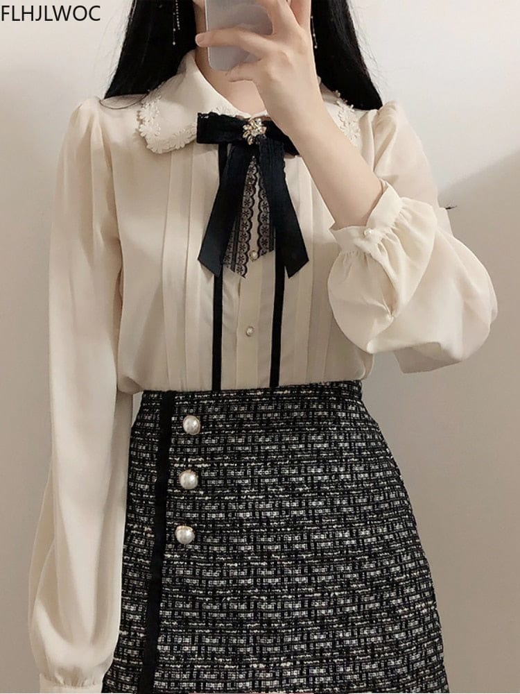 2022 Spring Women's Cute Tops Preppy Style Vintage Japaneses Korea Design Button Elegant Formal Shirts Blouses Pink White 12020