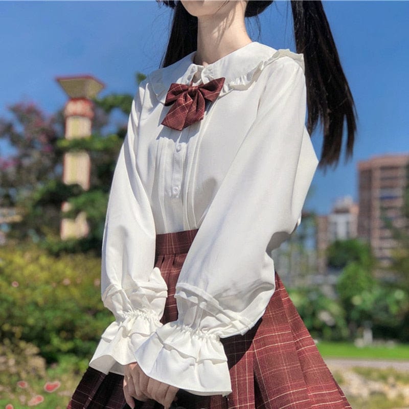 Long Sleeve White Shirt Teen Girls Women Spring Autumn Japanese Preppy Style Kawaii Frilly Peter Pan Collar Lolita Blouse Tops