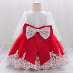 Newborn Long Sleeve Baby Girl Dresses Party Wedding Girl Lace Big Bow Dresses Infant Girl 1st Birthday Princess Baptism Dress