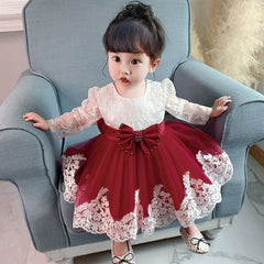 Newborn Long Sleeve Baby Girl Dresses Party Wedding Girl Lace Big Bow Dresses Infant Girl 1st Birthday Princess Baptism Dress