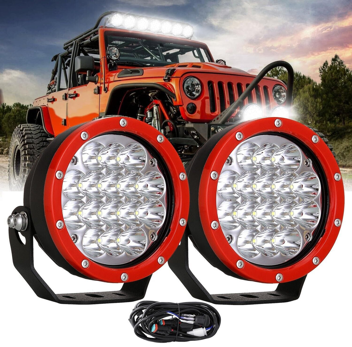 Pair Black 5INCH LED Driving Lights Spotlights And Wiring Harness