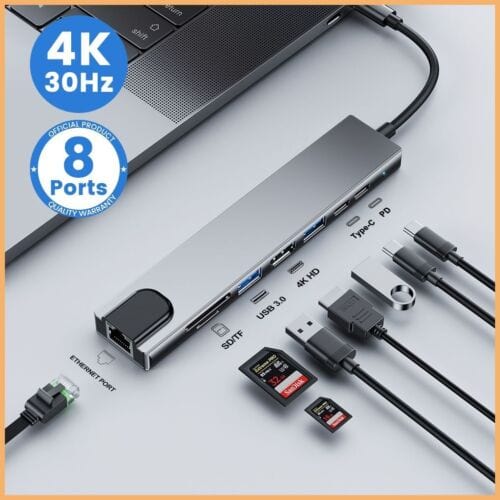 8in1 USB C HUB Type C Splitter 4K Thunderbolt 3 Docking Station Laptop Adapter For Macbook Air M1 iPad Pro RJ45 HDMI Computer