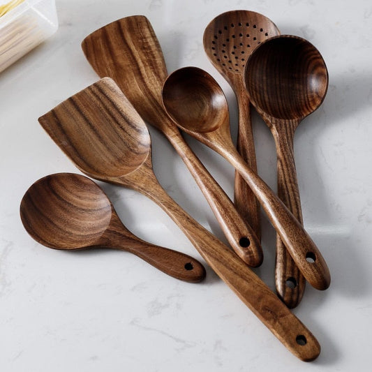 7pcs/set Teak Natural Wood Tableware Spoon Ladle Turner Rice Colander Soup Skimmer Cooking Spoon Scoop Kitchen Reusable Tool Kit - Wowza