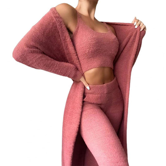 3Pcs/Set Lounge Wear Women Tracksuit Autumn Winter Outfit Cardigan Velvet Crop Top Long Sleeve Coat High Waist Pants Women Set