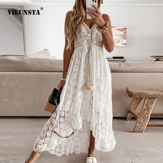 Off Shoulder Lace Patchwork Elegant Dress Women Summer 2023 V Neck Spaghetti Strap Dress Female New Fashion Solid Party Dresses