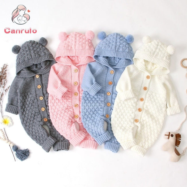 2020 Autumn Winter Newborn Sweater Baby Boy Girl Clothes Romper Bear Ear Knit Hooded Jumpsuit Outfit Clothing