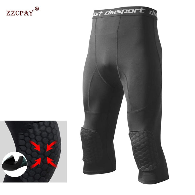 Men's Safety Anti-Collision Pants Basketball Training 3/4 Tights Leggings With Knee Pads Protector Sports Compression Trousers
