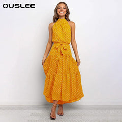 OUSLEE Summer Casual Long Dress Boho Style Halter Polka Dot Dresses Women Elegant Party Print Maxi Dresses Ladies Vestidos Mujer