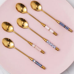 Stainless Steel Dessert Spoon Ceramic Long Handle Icecream Spoon Teaspoon Gold Coffee Cake Fruit Milk Spoon Kitchen Tableware - Wowza