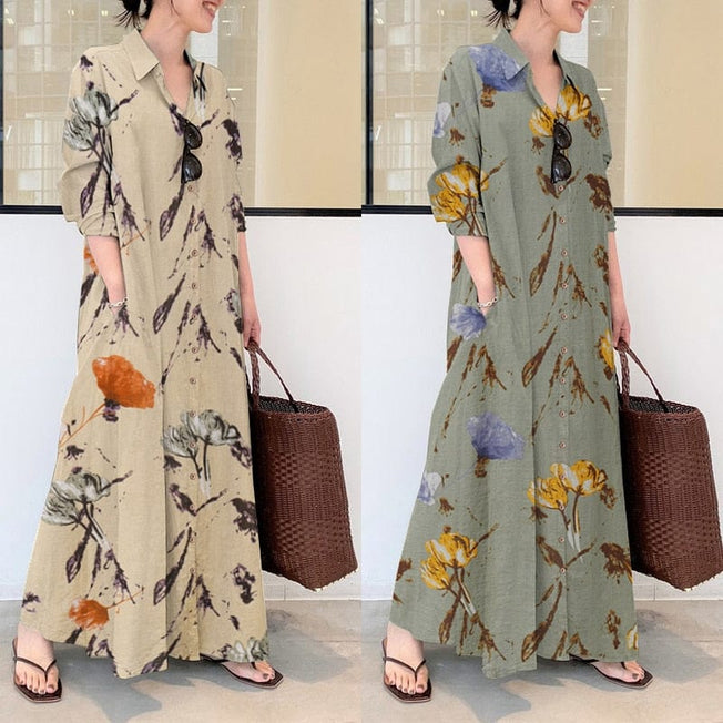 Elegant Printed Shirt Dress Women's Autumn Sundress ZANZEA Casual Long Sleeve Maxi Vestido Female Lapel Button Robe