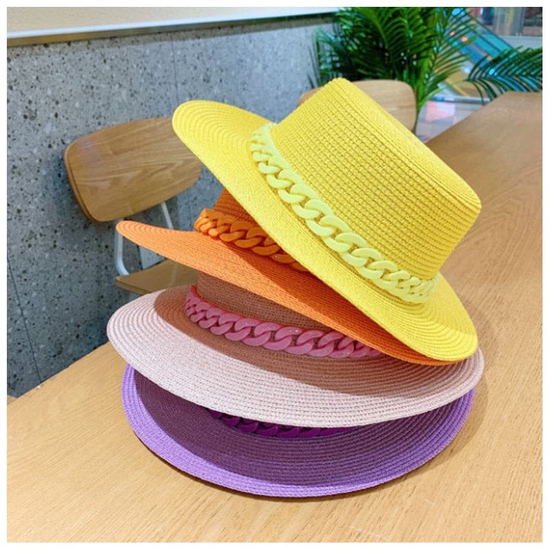 Macaron color straw hat sun hat flat top Korean fashion color chain with top hat acrylic beach hat candy color sun hat