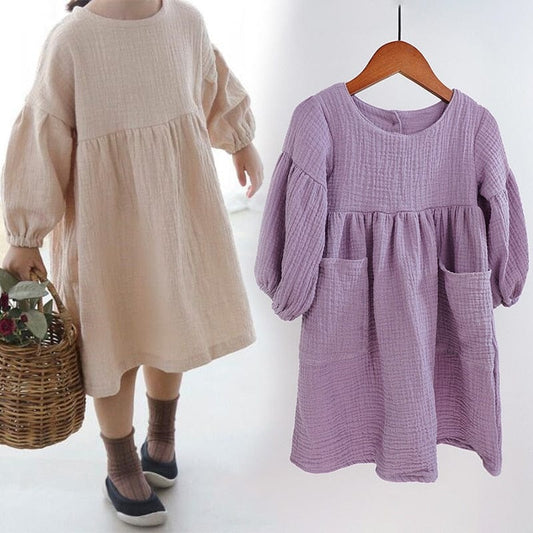 Autumn Spring Children's Clothes Organic Cotton Double Gauze Loose Pockets Baby Girls Dress Fashion Princess Casual Kids Dresses