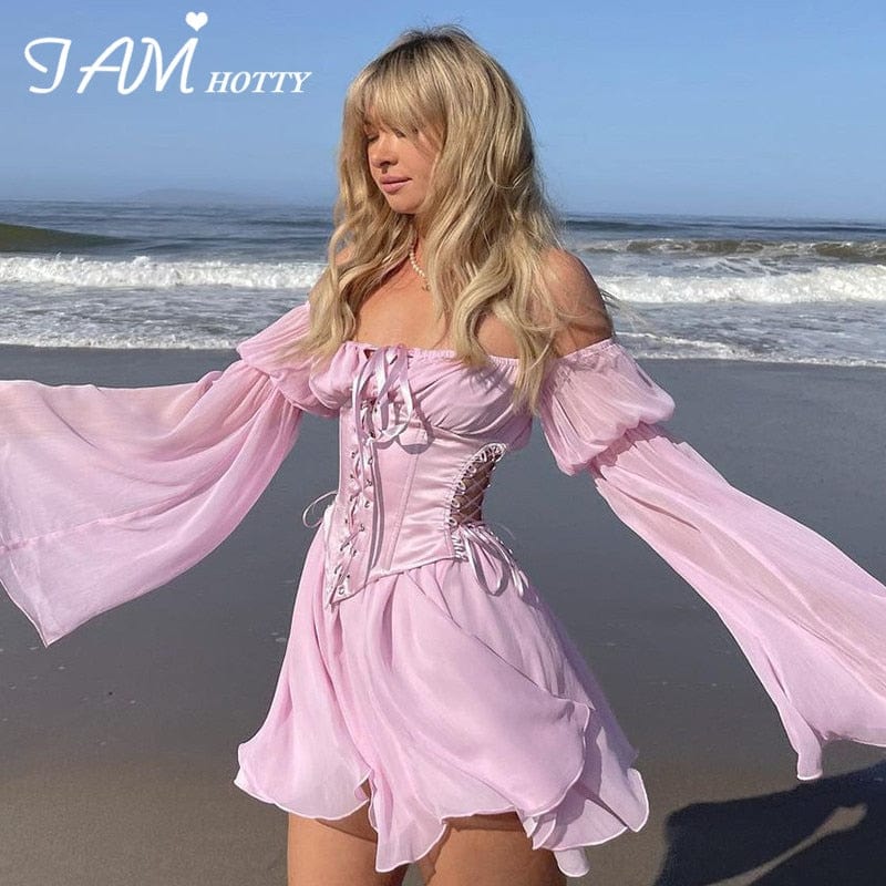 IAMHOTTY Chiffon Slash Neck Mini Dress Women Summer Beach Vacation Long Sleeve Corset Bandage Sundress Party Casual Dresses Pink