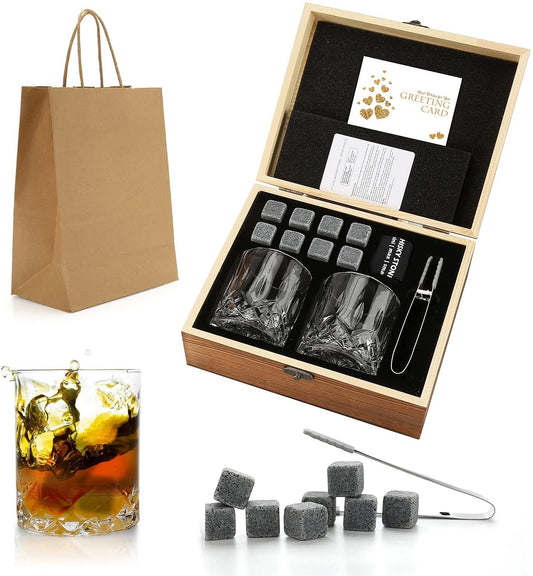 Whiskey Stones & Glasses Set, Granite Ice Cube For Whisky, Whiski Chilling Rocks In Wooden Box, Best Gift For Dad Husband Men - Wowza