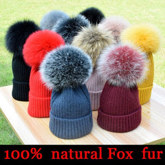 2022 New winter hat luxury quality Fox fur pompom hats beanie High quality Girls women bonnet winter hats for women