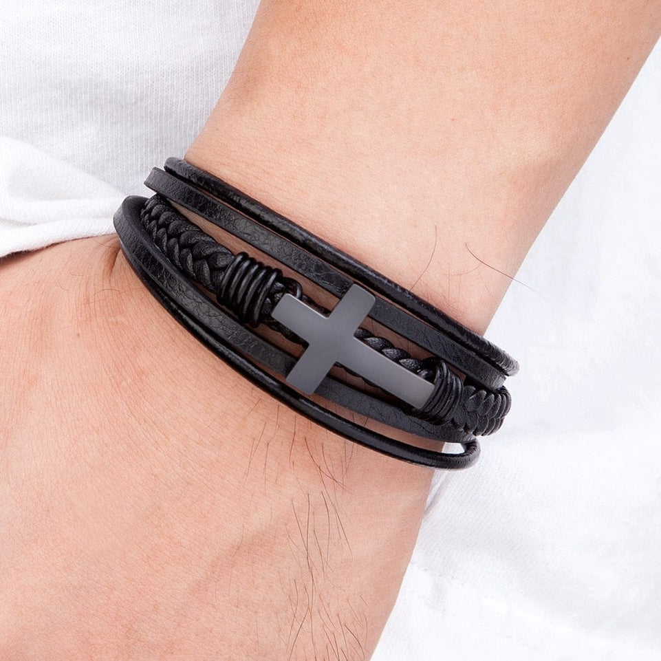 TYO Classic Style Cross Men Bracelet Multi-Layer Stainless Steel Leather Bangles Magnetic Clasp For Friend Fashion  Jewelry Gift