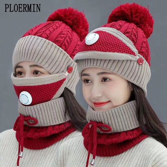 2021 New 3 Pieces Set Women's Knitted Hat Scarf Caps Neck Warmer Winter Hat For Ladies Girls Skullies Beanies Warm Fleece Caps