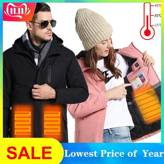 2019 Winter Couples USB Heated Jacket Men Women Plus Size Waterproof Jacket Men Down Cotton Hiking Coat Keep Warm Rain Jacket