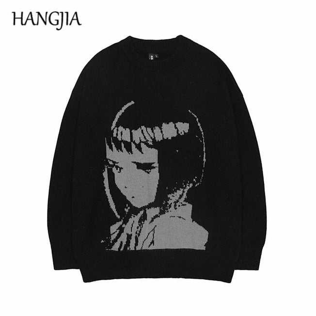 Harajuku Handsome Pullover Sweater Oversized Japanese Anime Cartoon Style Men and Women Print Knitted Sweater Long Sleeves Tops