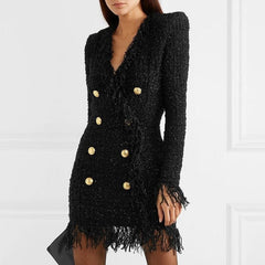 HIGH QUALITY Newest 2023 Designer Runway Women's Long Sleeve Metal Lion Buttons Fringed Tweed Tassel Dress