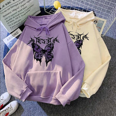 Winter Gothic Style Hoodie Ladies Sweatshirt Harajuku Butterfly Print Hooded Aesthetic Hoodie Spring Ladies Hoodie Streetwear