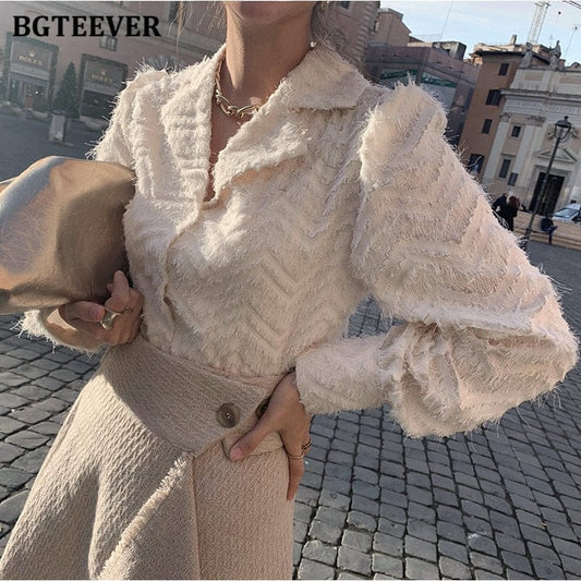 BGTEEVER Elegant Notched Collar Women Tassels Shirts Blouses 2021 Spring New Single-breasted Female Workwear Shirts Tops Blusas