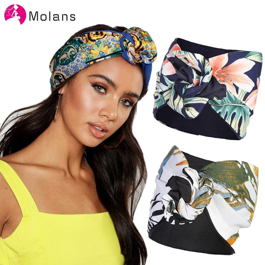 MOLANS New Floral Printing Elastic Bandana Wire Headband Knotted Fashion Tie Scarf Hairband Headdress for Women Hair Accessories