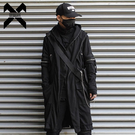 Men Fake two Trench Jacket Windbreaker Men Gothic Punk Streetwear Long Jacket Coats Function Hoody Clothes Black