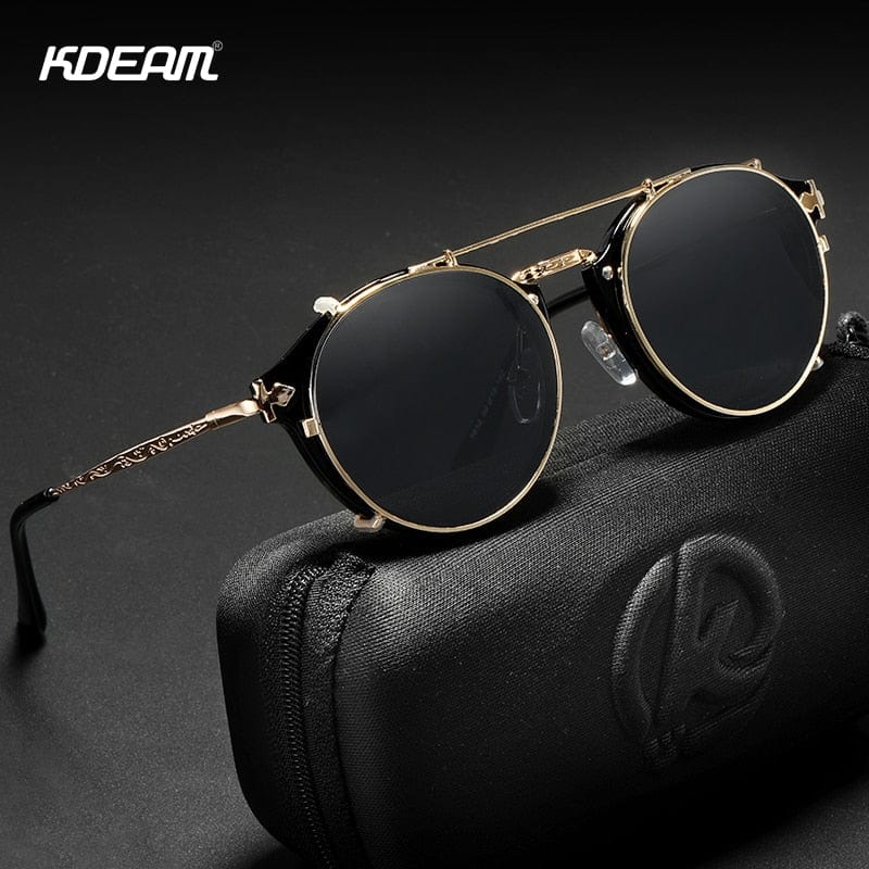 KDEAM Retro Steampunk Round Clip On Sunglasses Men Women Double Layer Removable Lens Baroque Carved Legs Glasses UV400  With Box