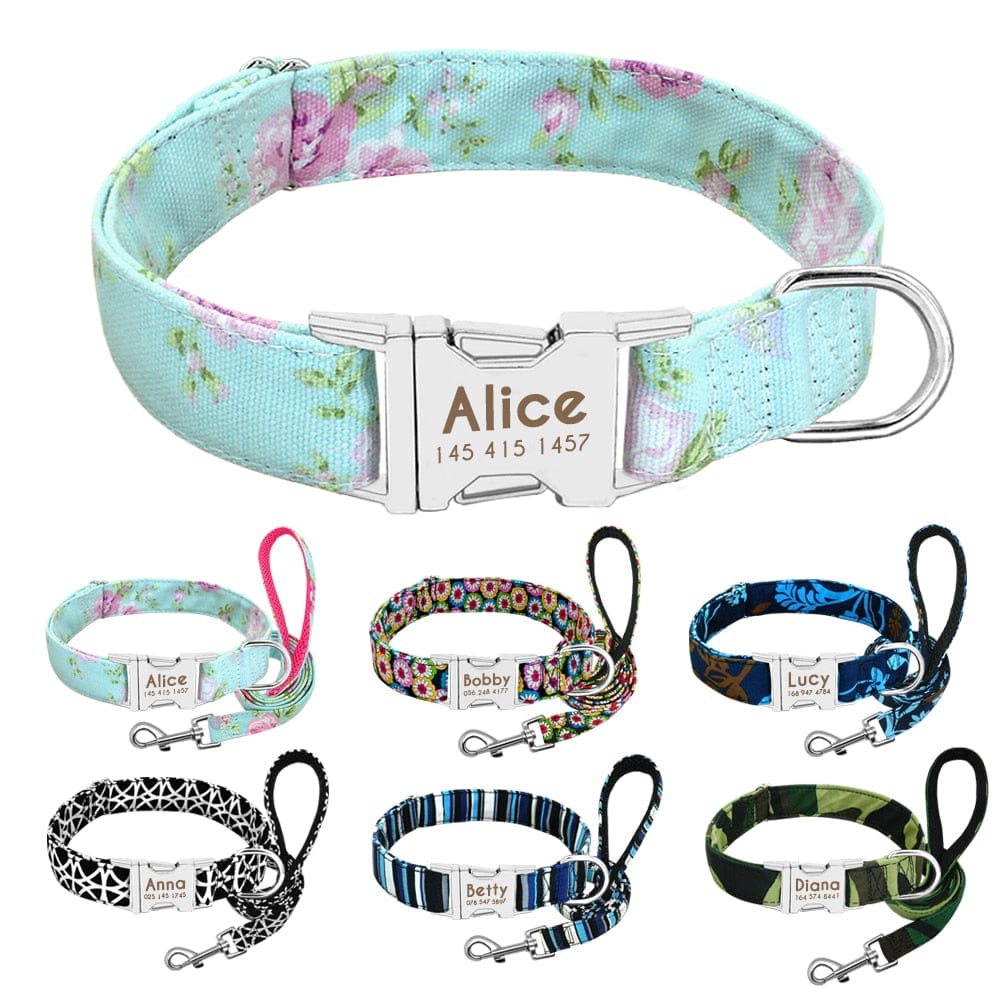 Dog Collar Personalized Nylon Dog Collar and Leash Pet Nameplate ID Collars Printed Puppy Leash For Small Medium Large Dogs Pug - Wowza