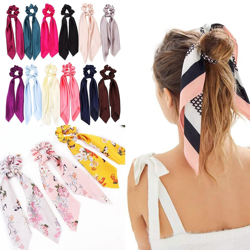 DIY Solid/Floral Print Bow Satin Long Ribbon Ponytail Scarf Hair Tie Scrunchies Women Girls Elastic Hair Bands Hair Accessories