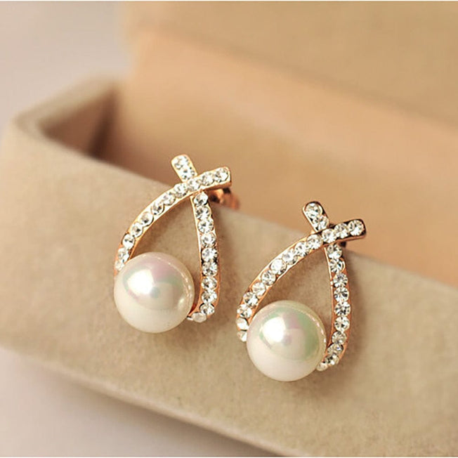 Korea New Fashion Gold Silver Color Cross Crystal Stud Earrings for Women Elegant Cute Pearl Earrings Brincos Jewelry