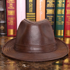 Male 100% Genuine Leather Jazz Hat Adult Fedoras Hat Male Sheepskin Fedoras Cap Men's Wide Brim Leather Cowboy Hat B-7284