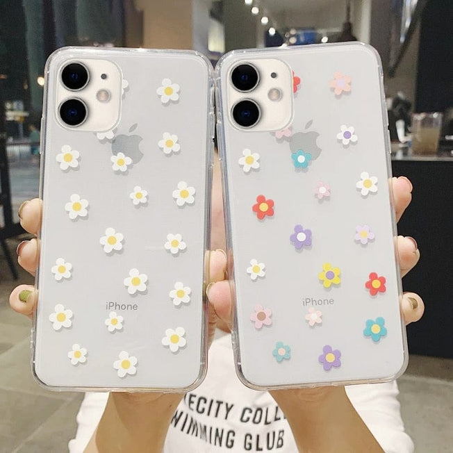 Clear Cartoon Colorful Flower Phone Case For iPhone 13 12 11 14Pro Max X XR XS Max 12 Mini 6 6s 7 8 Plus SE 2020 Cute Soft Shell