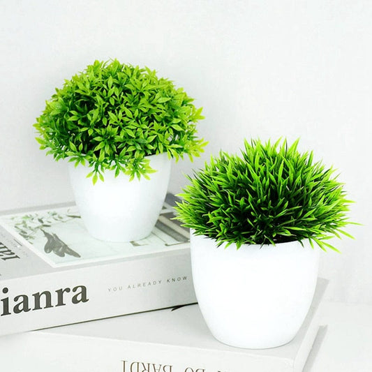 Artificial Plants Potted Green Bonsai Small Tree Grass Plants Pot Ornament Fake Flowers for Home Garden Decoration Wedding Party