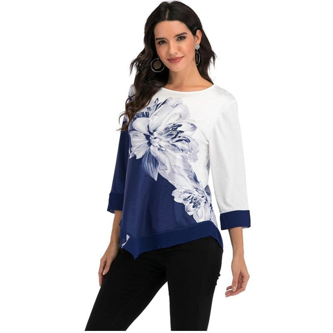 New 2023 Shirt Women Spring Summer Floral Printing Blouse 3/4 Sleeve Casual Hem Irregularity Female fashion shirt Tops Oversized