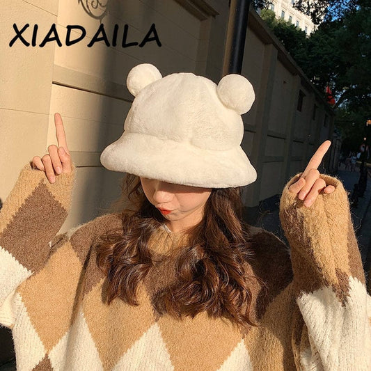 Fashion Autumn Winter Leopard Fur Bucket Hat Bear Ear Ball Plush Fisherman Hat Soft Warm Thick Basin Hat Protection Bucket Hats