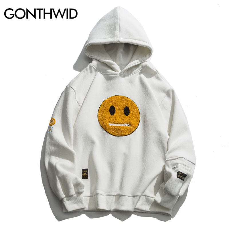 GONTHWID Hoodies Streetwear Hip Hop Zipper Pocket Smile Face Patchwork Hooded Sweatshirts Harajuku Hip Hop Casual Pullover Tops